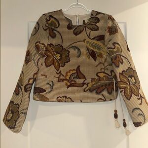 Sezane Beige Floral Blouse with Brown and Green Accents
